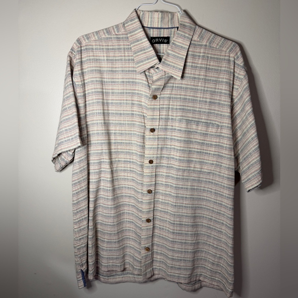 Orvis 100% cotton short sleeve shirt with red and blue mens lightweight top